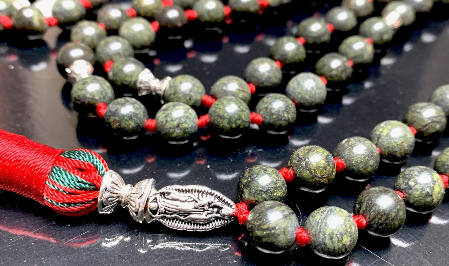 Hand Knotted Sacred Serpent Mala – Serpentine Beads | 8mm 108 Beads | Heart Chakra | May Birthstone Energy | Ethically Sourced