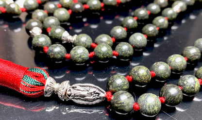 Hand Knotted Sacred Serpent Mala – Serpentine Beads | 8mm 108 Beads | Heart Chakra | May Birthstone Energy | Ethically Sourced