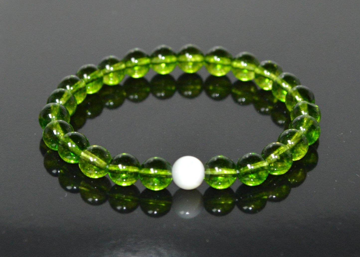 Handcrafted Peridot and Mother of Pearl Stretch Bracelet - August Birthstone for Leo and Virgo - Heart Chakra Alignment