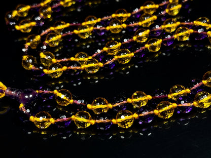 Sun & Moon Harmony Beaded Necklace – Faceted Citrine & Amethyst Crystals | 8mm 108 Mala Beads | Solar Plexus & Crown Chakras | February & November Birthstones | Ethically Sourced