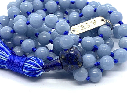 Knotted Blue Angelite Mala Beads Necklace,