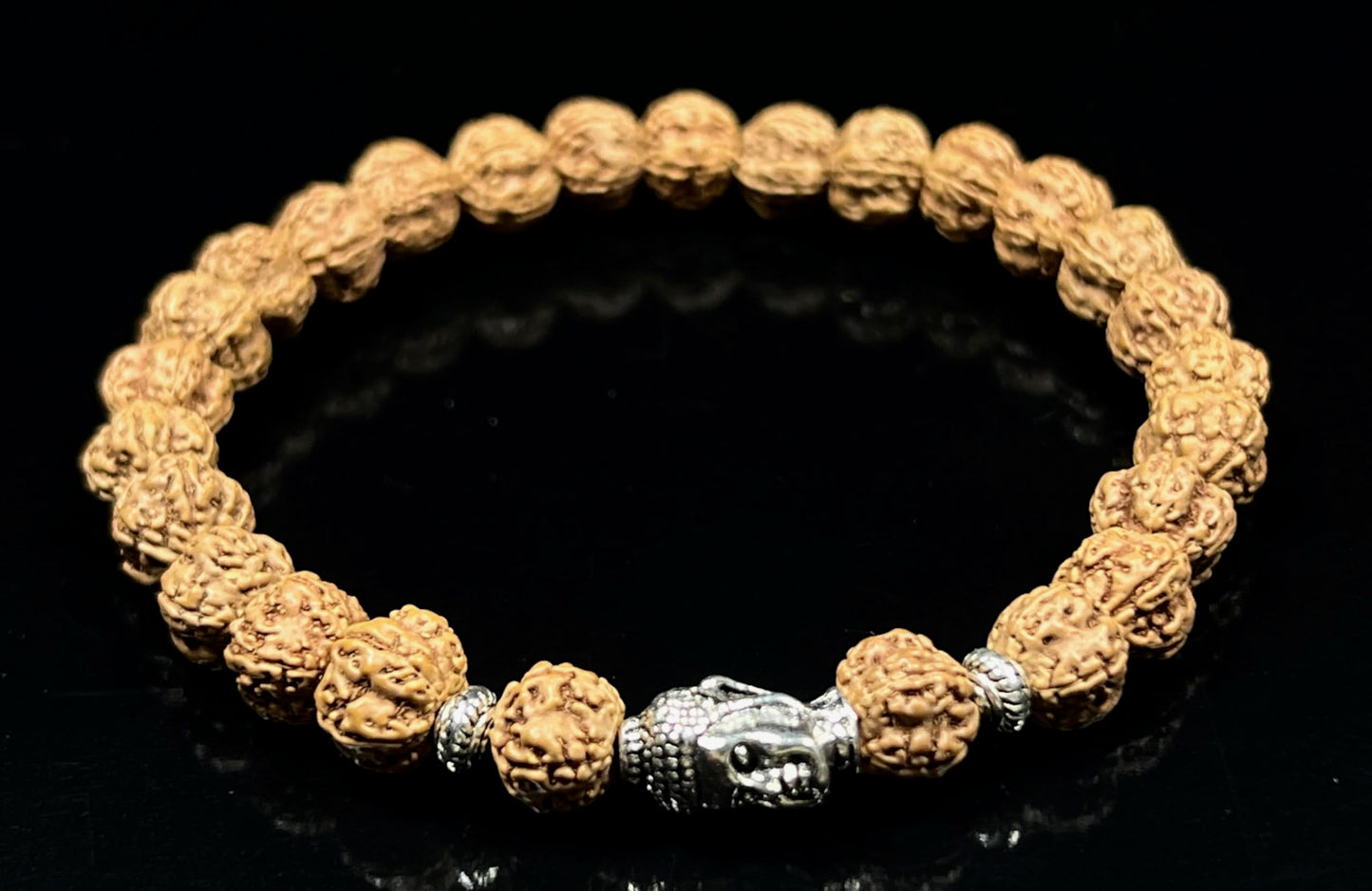 Cultivate Inner Peace: Handmade 5 Mukhi Rudraksha & Buddha Head Bracelet (8mm) - Root Chakra Balance & Universal Birthstone