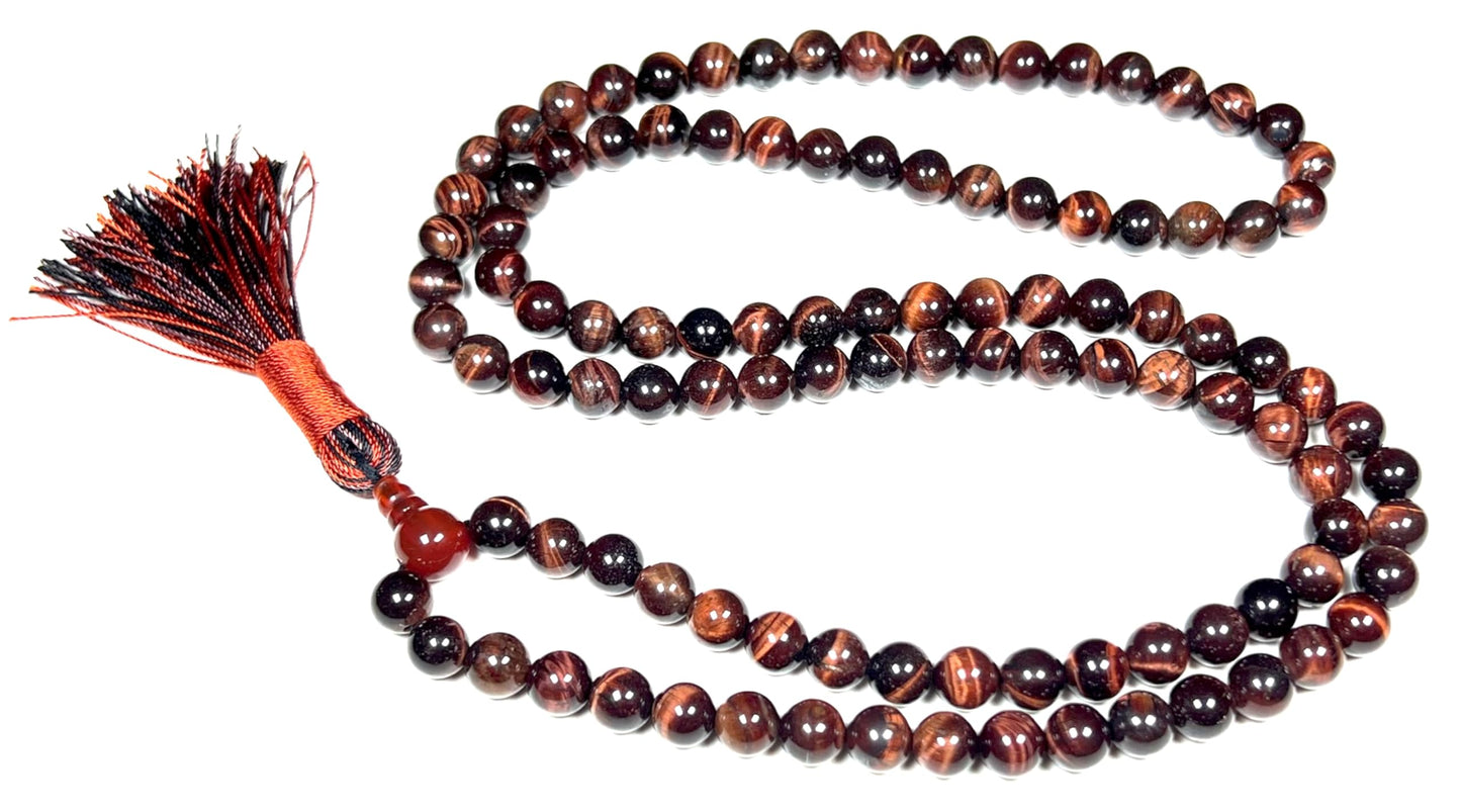 Handmade Tiger's Eye Mala Beads Necklace – 8mm 108 Beads – Multicolor Options – Solar Plexus Chakra & Zodiac Birthstones – Meditation Jewelry