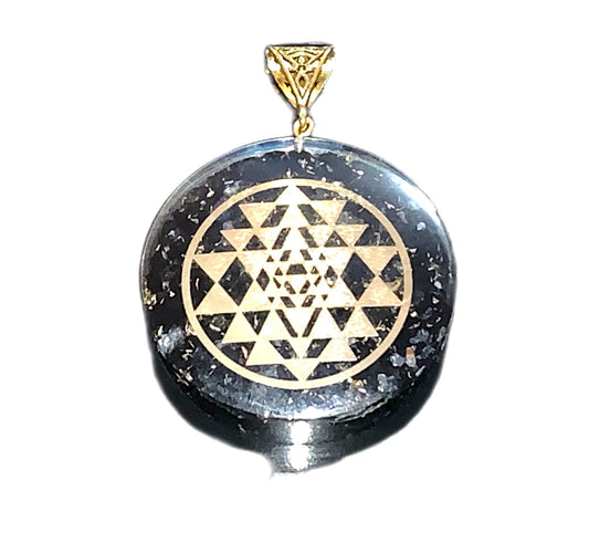 Shungite Sri Yantra Orgone Pendant Necklace, Aquarius Gemstone, Root & Crown Chakra