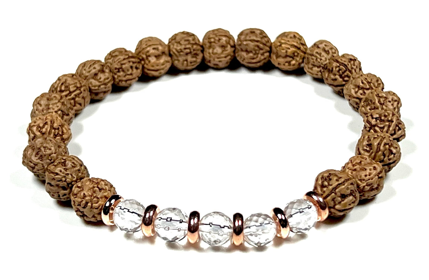 5 Mukhi Chikna Rudraksha Bracelet with Crystal Quartz | Stretch Beads for Balance & Clarity