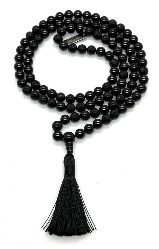 VESTA Black Tourmaline Mala Necklace | 108 Hand-Knotted 8mm Beads for Grounding & Protection | Root Chakra | Capricorn Birthstone | Handmade in USA