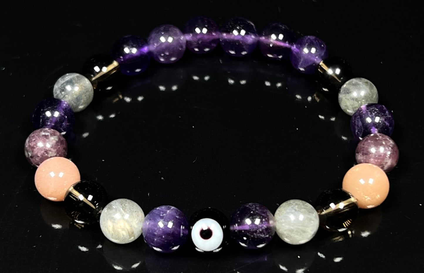 AWAKEN YOUR KUNDALINI Tranquility and Emotional Balance Stretch Bracelet, Evil Eye, Rose Quartz, Amethyst, Smoky Quartz, Labradorite, Charoite