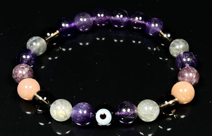 AWAKEN YOUR KUNDALINI Tranquility and Emotional Balance Stretch Bracelet, Evil Eye, Rose Quartz, Amethyst, Smoky Quartz, Labradorite, Charoite