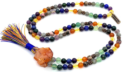 Handmade Protective Aura Mala Beads Necklace – 8mm 108 Beads | Solar Plexus, Third Eye & Heart Chakras | Universal Birthstone Energy | Ethically Sourced