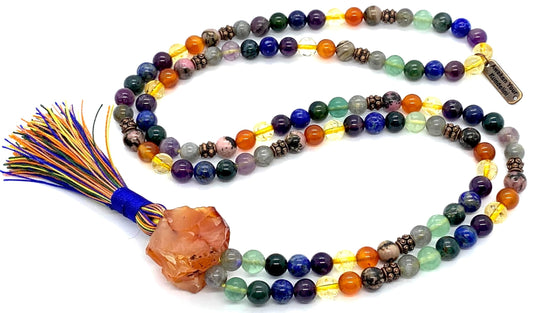 Handmade Protective Aura Mala Beads Necklace – 8mm 108 Beads | Solar Plexus, Third Eye & Heart Chakras | Universal Birthstone Energy | Ethically Sourced