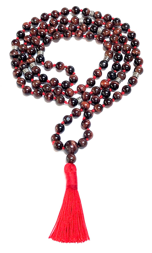 Red Tiger's Eye Mala Necklace, Hand Knotted, Scorpio Birthstone, Sacral Chakra