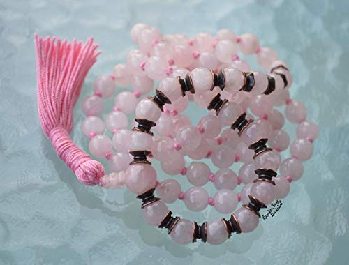 Rose Quartz Mala Beads Necklace, Healing Heart Chakra Mala, Pink Jewelry, Knotted 10mm 108 Beads Rosary
