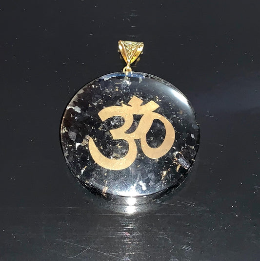Shungite Om Symbol Orgone Pendant Necklace, 2 Inch Diameter, Aquarius Gemstone, Root & Crown Chakra