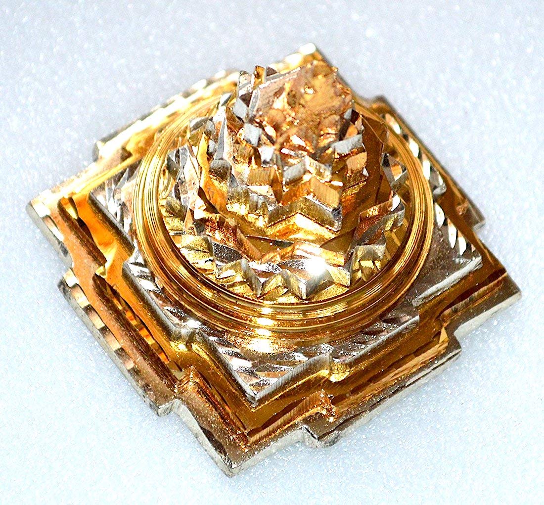 Sri Shree Meru Yantra, Sri Chakra in Brass Size 3" Inch - Spiritual Powers, Vaastu Dosh, Prosperity - 3D - 2 Tone