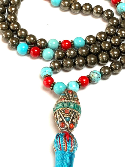 Stunning Pyrite Turquoise Red Coral Mala Beads Necklace – Scorpio & Aries Birthstone for April & October – Root and Throat Chakra - 108 Beads