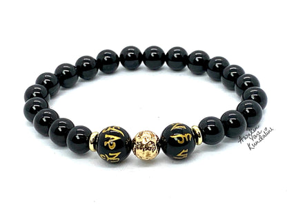 Black Obsidian Mala Bracelet with Engraved Buddhist Mantra - 10mm Crystals - October-November Birthstone for Scorpio - Root Chakra Balancing