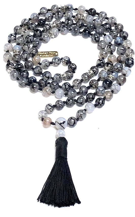 Certified Energized Mala Beads Necklace with COA - Chakra Mala - Japa Mala - 8mm 108 Buddhist Prayer Beads - Meditation Mala - Tassel Necklace – Zodiac/Sun Sign stones (Dragon Vein Agate)