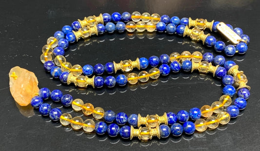 Handmade Golden Wisdom Mala Necklace – Citrine & Lapis Lazuli | 8mm 108 Beads | Solar Plexus & Throat Chakras | November & September Birthstones | Ethically Sourced