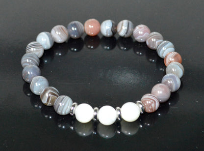 Botswana Agate and Mother of Pearl Stretch Bracelet - Gemini Birthstone for May - Heart Chakra - Astrological Sign Taurus