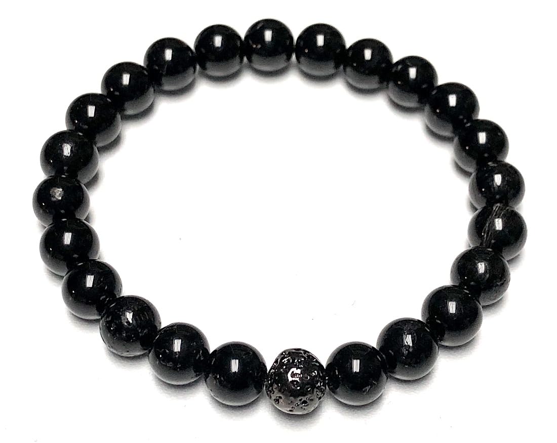 Black Tourmaline And Lava Rock Stretch Bracelet - October Birthstone for Libra - Root Chakra Association