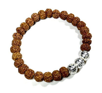 VULCAN Rudraksha & Silver-Plated Lava Bracelet | 8mm Stretch Design