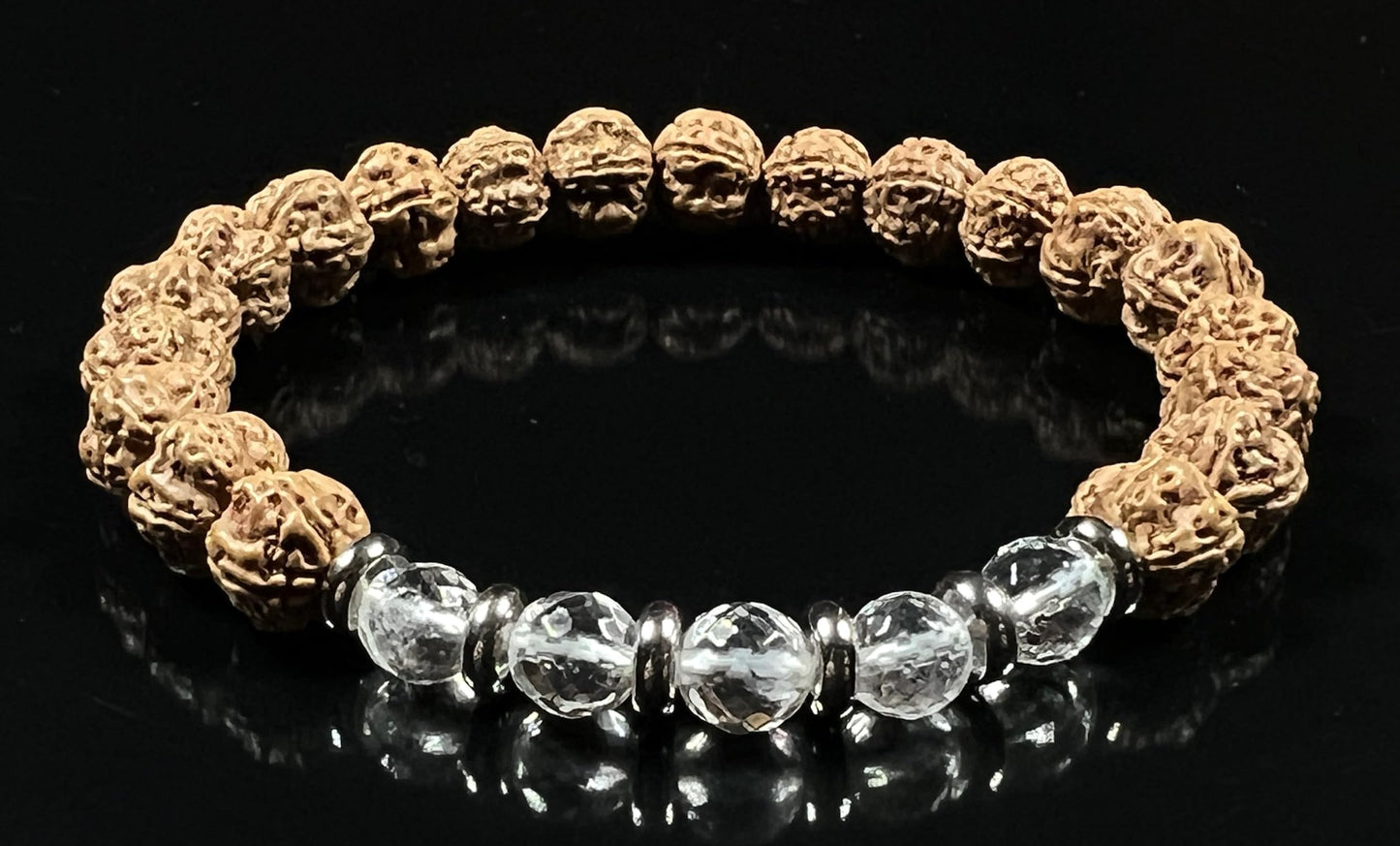 5 Mukhi Chikna Rudraksha Bracelet with Crystal Quartz | Stretch Beads for Balance & Clarity