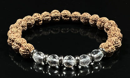 5 Mukhi Chikna Rudraksha Bracelet with Crystal Quartz | Stretch Beads for Balance & Clarity