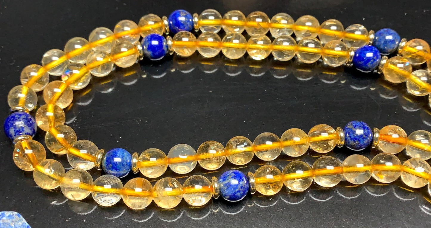 SolSky | Handmade Wisdom Necklace – Natural Citrine & Lapis Lazuli Mala Beads | 8mm 108 Beads | Solar Plexus & Throat Chakras | November & September Birthstones | Ethically Sourced