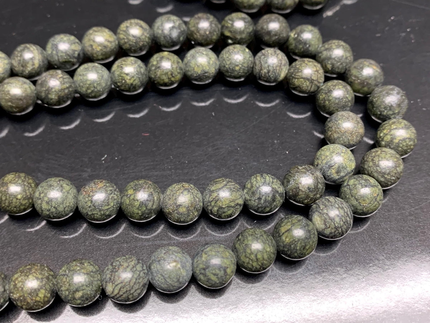 Handmade Om Serpentine Mala Necklace | Zinc Alloy Om Mani Padme Hum Guru | 8mm 108 Mala Beads | Heart Chakra | May Birthstone Energy | Ethically Sourced