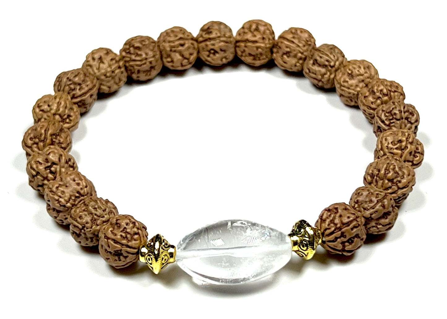 5 Mukhi Pathri Chikna Rudraksha and Himalayan Ice Crystal Quartz Stretch Bracelet – December Birthstone, Sagittarius Astrological Sign, Crown Chakra