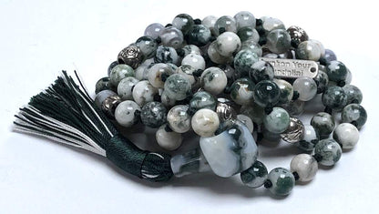 Hand Knotted Green Tree Agate Mala Necklace - Gemini & Virgo Birthstone - Root & Heart Chakra - 8mm 108 Beads with Zinc Alloy Spacers