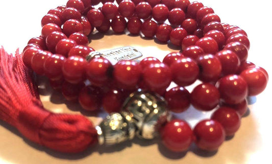 Red coral prayer beads japa mala necklace 6-7mm handmade 108+1 yoga meditation beads. Buddhist karma rosary for nirvana chanting om awakening chakra kundalini - w/Velvet Pouch