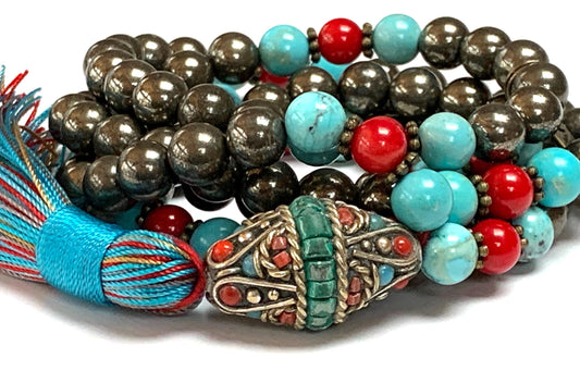 Stunning Pyrite Turquoise Red Coral Mala Beads Necklace – Scorpio & Aries Birthstone for April & October – Root and Throat Chakra - 108 Beads