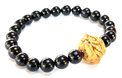 Black Tourmaline & Bodhi Satva Bead Stretch Bracelet – Birthstone for October, Sun Sign Scorpio & Libra, Root Chakra