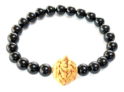 Black Tourmaline & Bodhi Satva Bead Stretch Bracelet – Birthstone for October, Sun Sign Scorpio & Libra, Root Chakra