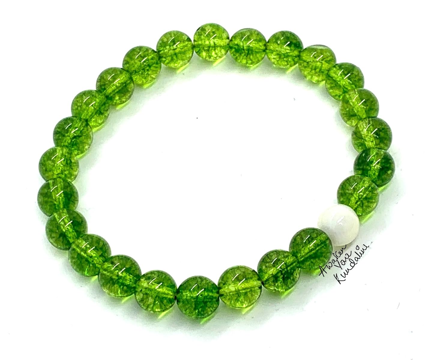 Handcrafted Peridot and Mother of Pearl Stretch Bracelet - August Birthstone for Leo and Virgo - Heart Chakra Alignment