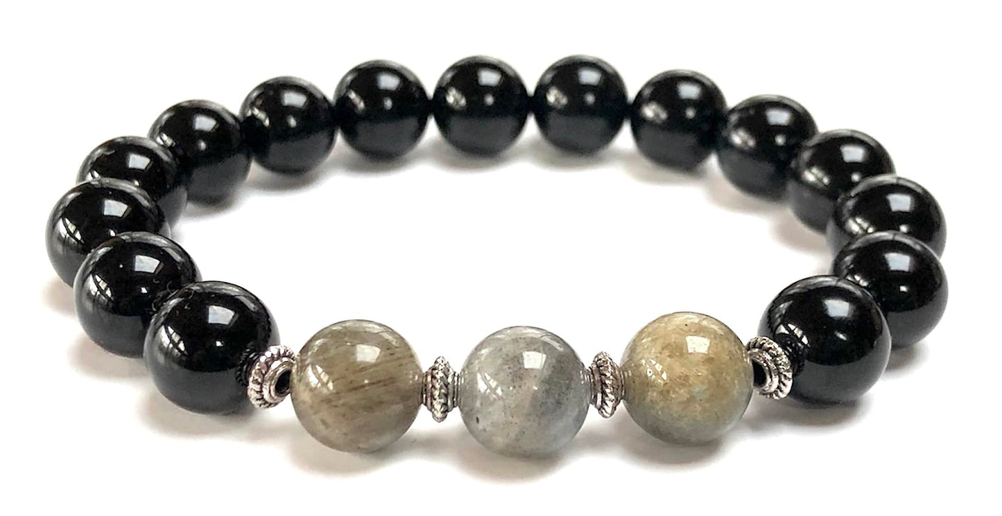 Black Tourmaline & Labradorite Stretch Bracelet – Birthstone for October, Sun Sign Scorpio & Libra, Root & Third Eye Chakra