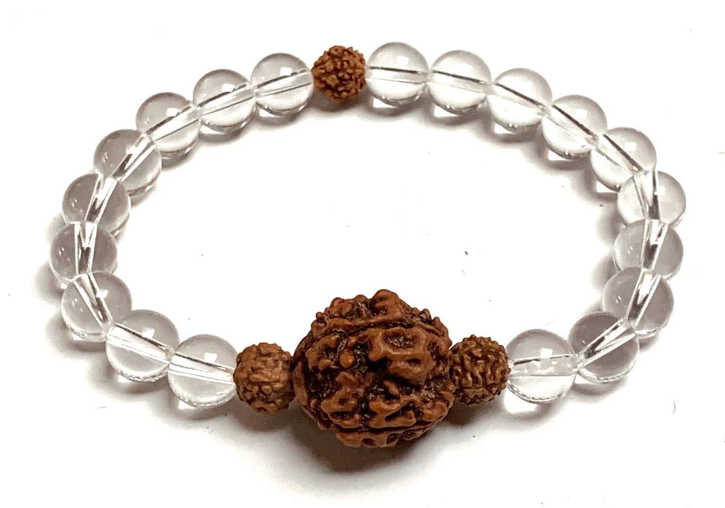 5 Mukhi Rudraksha Rudraksh and Crystal Quartz Stretch Bracelet, Spiritual Healing Jewelry