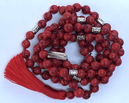 Hand Knotted Red Howlite Mala Necklace, 8mm 108 Beads with Zinc Alloy Spacers, 42-44 Inches - Taurus Birthstone, Gemini & Virgo Gemstone, Root Chakra