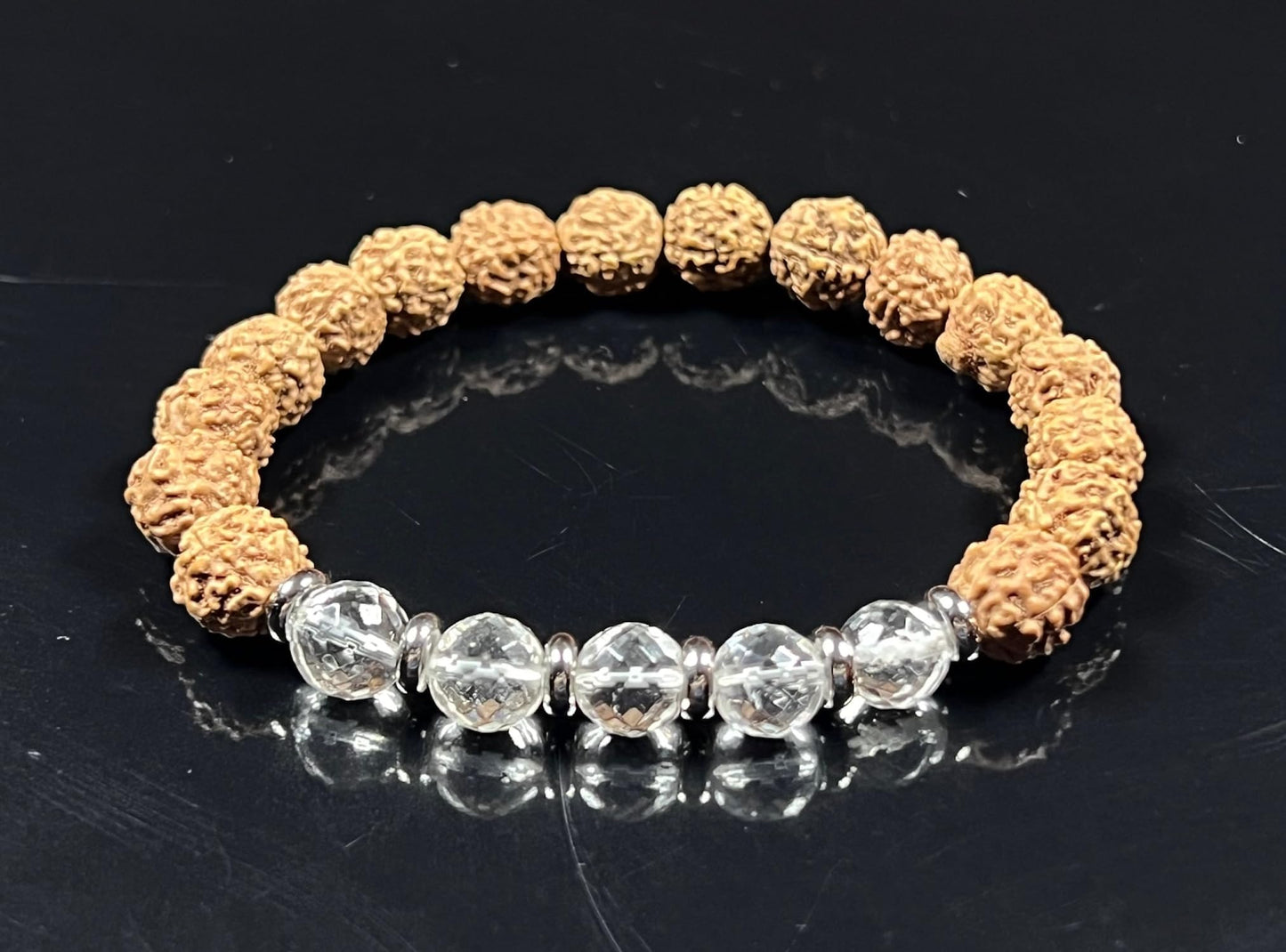 5 Mukhi (five faces) Chikna Rudraksha and Crystal Quartz Stretch Bracelet | Birthstone for April, Taurus Sun Sign | Crown Chakra (Wrist Size 6 Inches)
