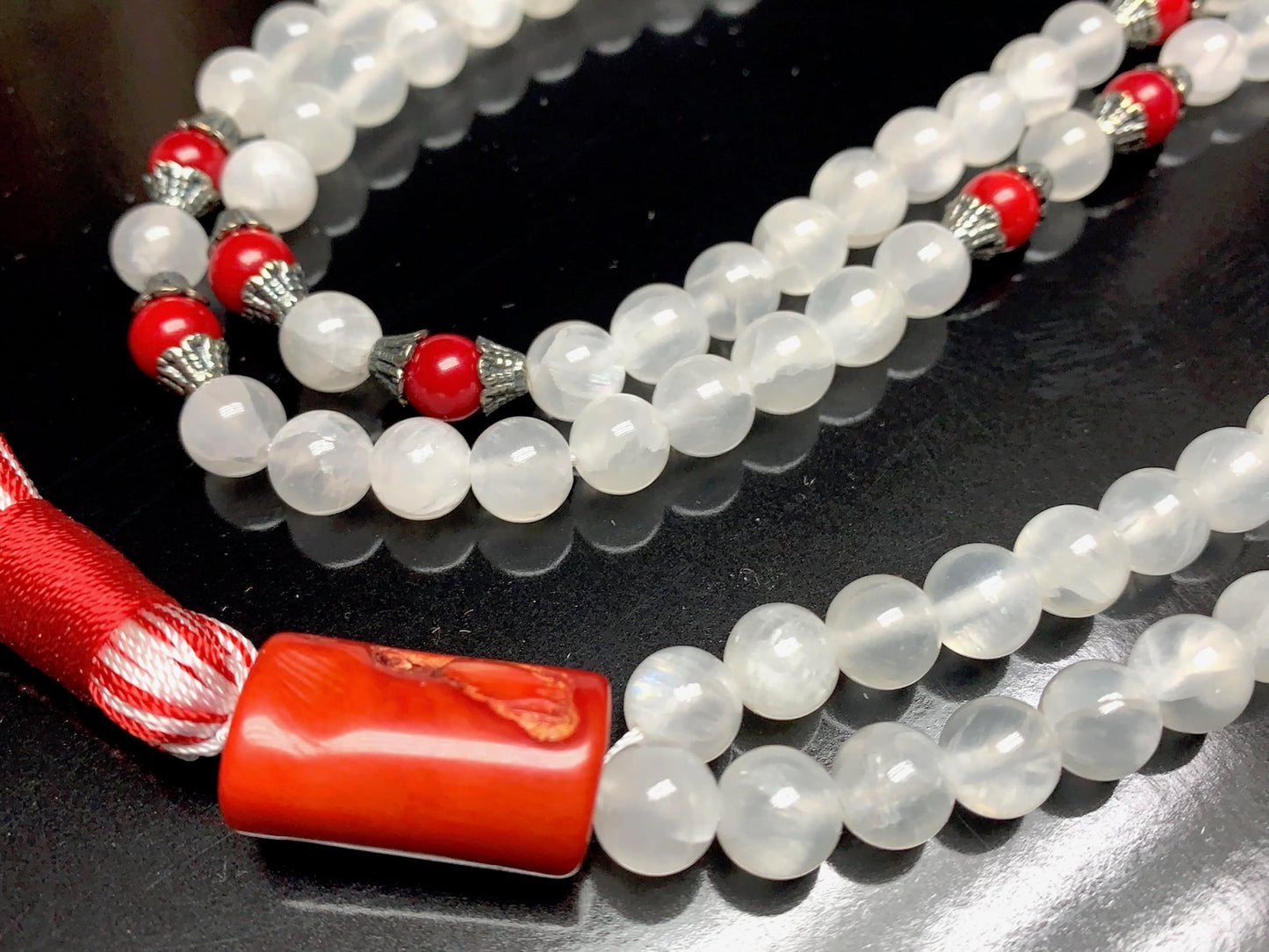 Selenite & Red Coral Mala Beads Necklace | 8mm 108 Beads | Crown & Root Chakras | Birthstones Jewelry | Ethically Sourced - Ocean Light