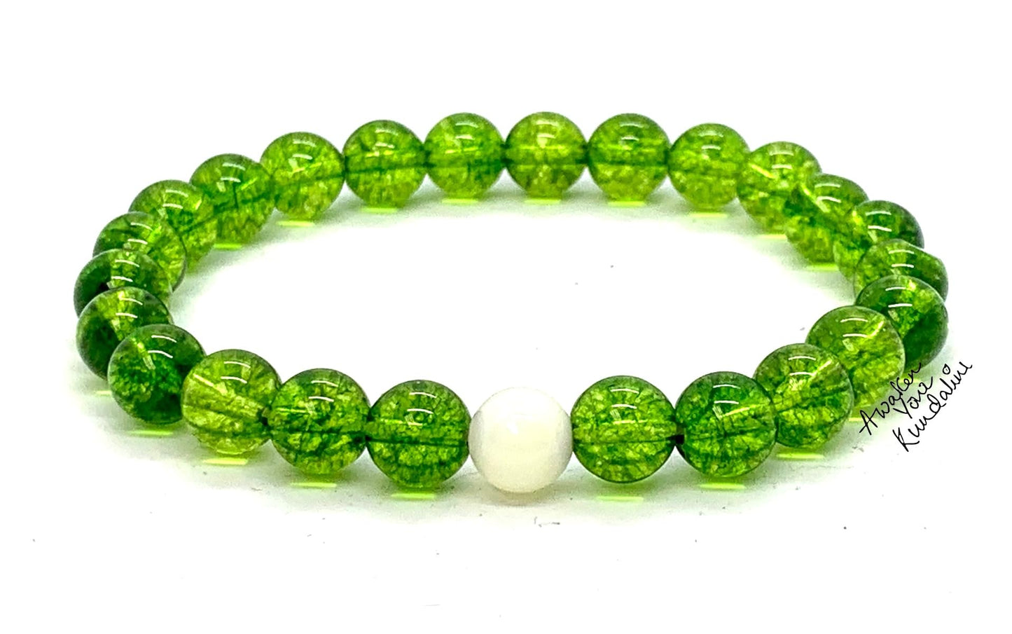 Handcrafted Peridot and Mother of Pearl Stretch Bracelet - August Birthstone for Leo and Virgo - Heart Chakra Alignment