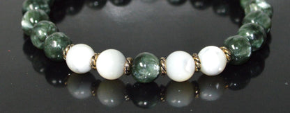Seraphinite and Mother of Pearl Beads Stretch Bracelet - Universal Birthstone - Heart Chakra Jewelry