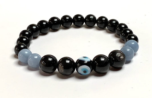Empath Bracelet | Angelite, Tourmaline, Apache Tear, Evil Eye | 8mm Beads | 7.5 Inch | Throat, Root, Sacral Chakra Balance | Taurus Birthstone