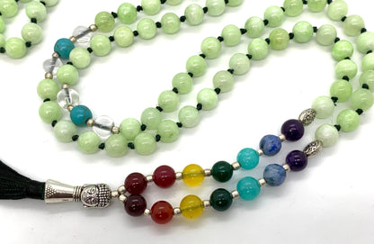 Energized 7 Chakra mala beads Hand Knotted 108 beads necklaces - Japa - Buddhist prayer beads - Meditation - Healing crystals for men women (Fluorescent Green Jade Heart chakra mala)