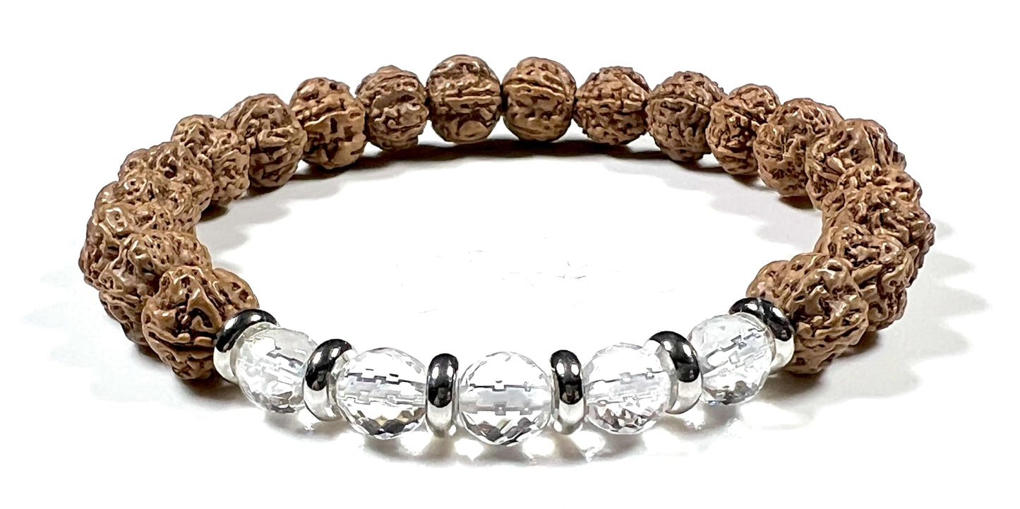 5 Mukhi Chikna Rudraksha Bracelet with Crystal Quartz | Stretch Beads for Balance & Clarity