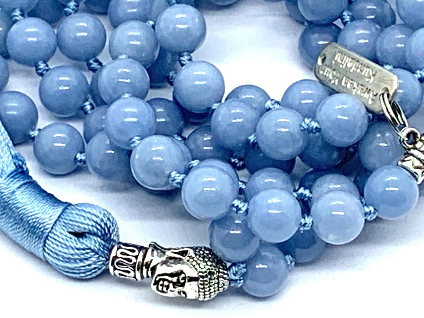 Angelite Beaded Necklace - Hand-Knotted Natural & Ethically Sourced – 8mm 108 Mala Beads – Throat & Crown Chakras – All Zodiac Birthstones – Spiritual Jewelry