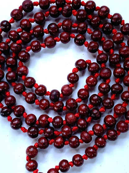 Rosewood mala beads necklace 108 buddhist prayer beads Red Sandalwood japa mala 10 Styles - Energized - w/ mala Pouch (8mm 108+1 Beads Knotted mala w/ 14mm 5 Mukhi (5 Face) Rudraksh Guru Bead)