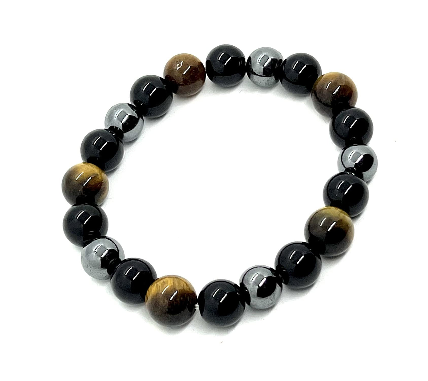 Triple Protection Bracelet - Tiger's Eye Black Tourmaline and Pyrite 10mm Beaded Stretch Bracelet - 7.5 Inches Wrist Size