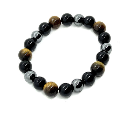 Triple Protection Bracelet - Tiger's Eye Black Tourmaline and Pyrite 10mm Beaded Stretch Bracelet - 7.5 Inches Wrist Size